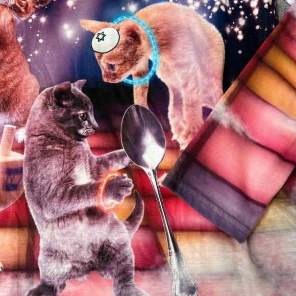 Faux Real Mens Cats, Dreidel and Silver Spoon Novelty Printed Long Sleeve Shirt - Picture 9 of 12